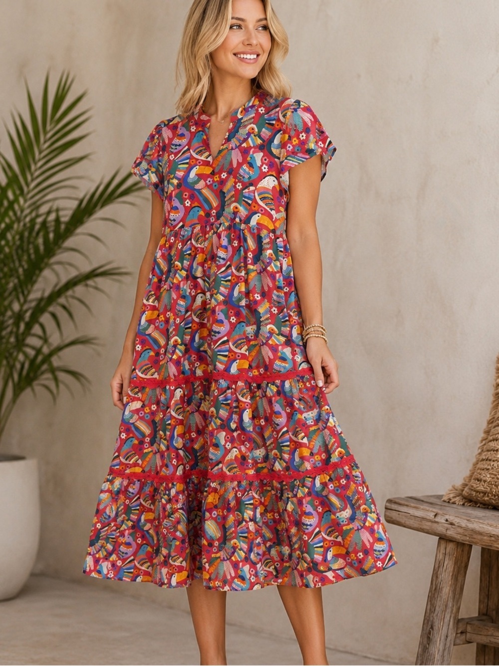 Briton Court Tropical Bird Ruffle Midi Dress Size Small